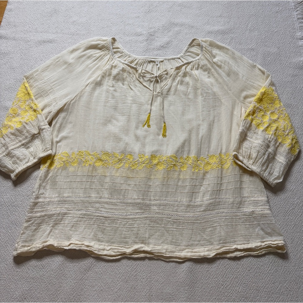 Anthropologie Floreat Gauze Lightweight Ivory Yellow Embroidered Blouse Top M - Picture 2 of 9